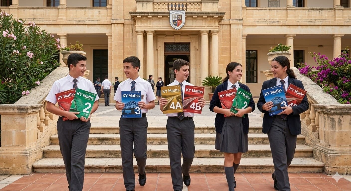 Five students outside a Maltese school holding KY Maths books
